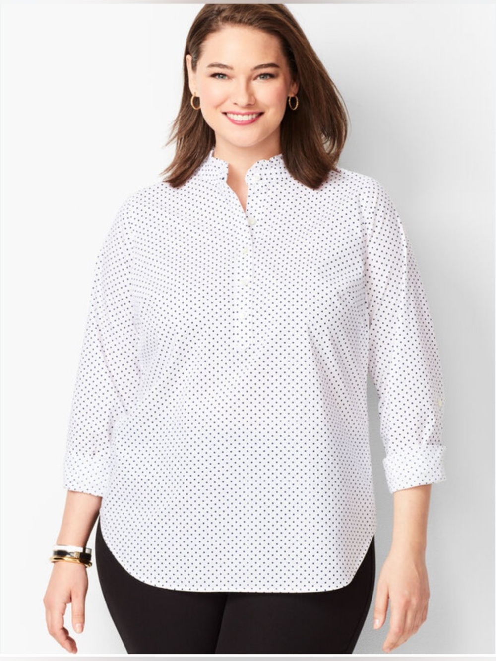 Talbots Classic Navy Polka Dot Henley Blouse  Size-Medium Polished Casual